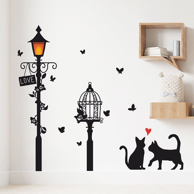 Adhesivos de pared con diseño de gato negro para lámpara de calle con diseño de amor, 60 x 30 cm, PV