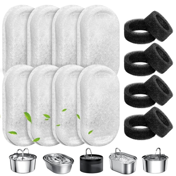 Cat Water Fountain Filters, 8 Pack Pet Replacement Filters with 8 Sponges for Stainless Steel 67oz/2L, 108oz/3.2L and 135oz/4.0L Faucet-Shaped Pet Water Fountain Dog Water Dispenser