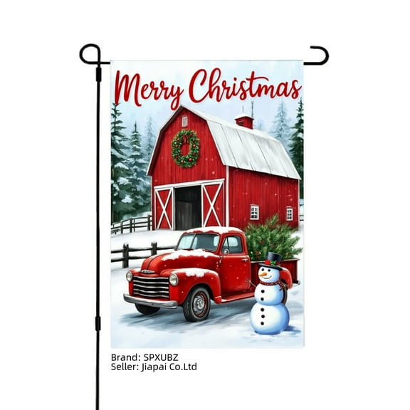 SPXUBZ Merry Christmas Red Barn and Truck Linen Garden Flag for Winter Christmas Home Outdoor Garden Yard Door Decor 12x18 inch
