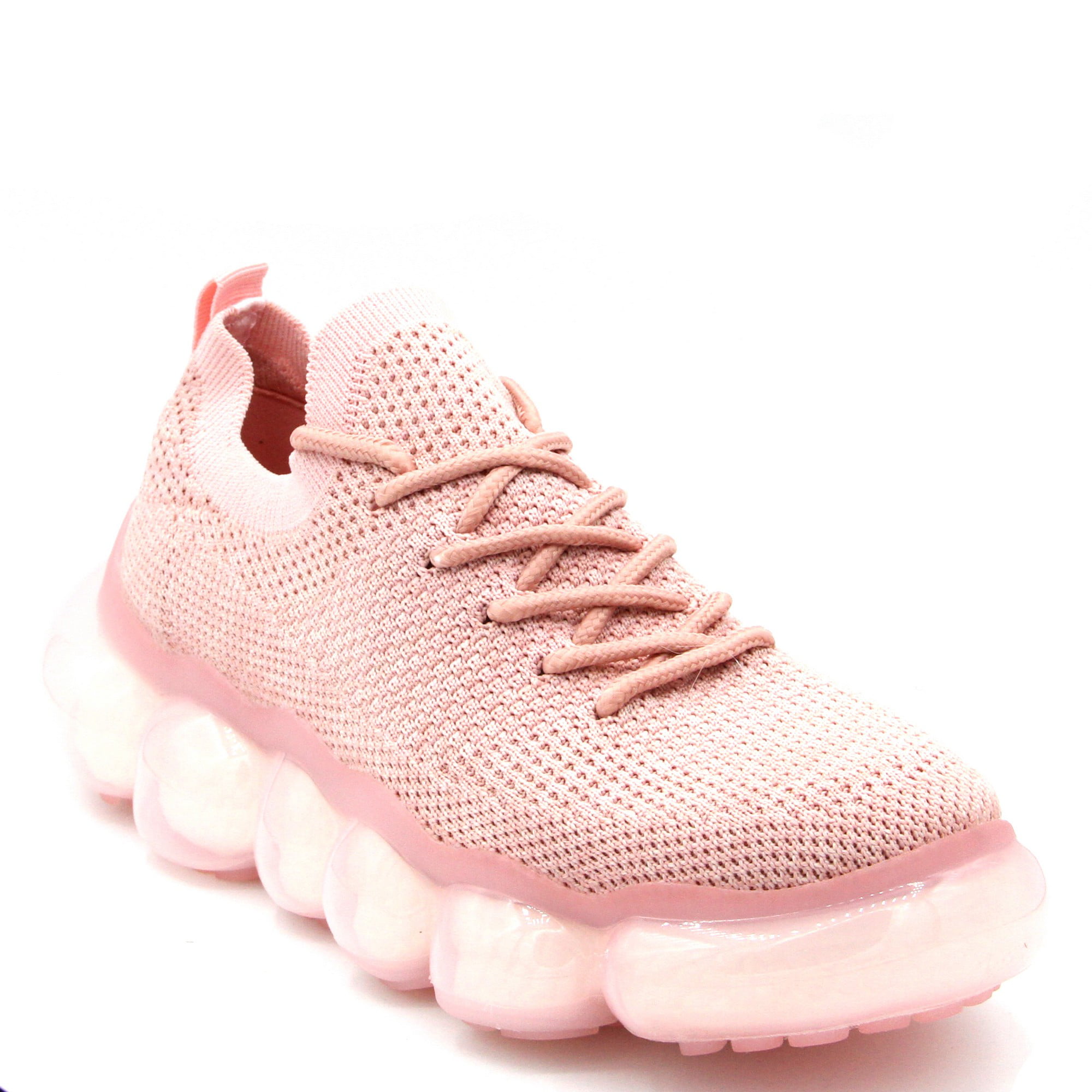 Women Cute Knitted Bubble Sole Sneakers Light Weight Lace Up Shoes Pink -