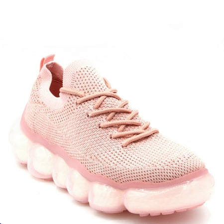 

Women Cute Knitted Stylish Bubble Sole Sneakers Light Weight Lace Up Shoes Pink