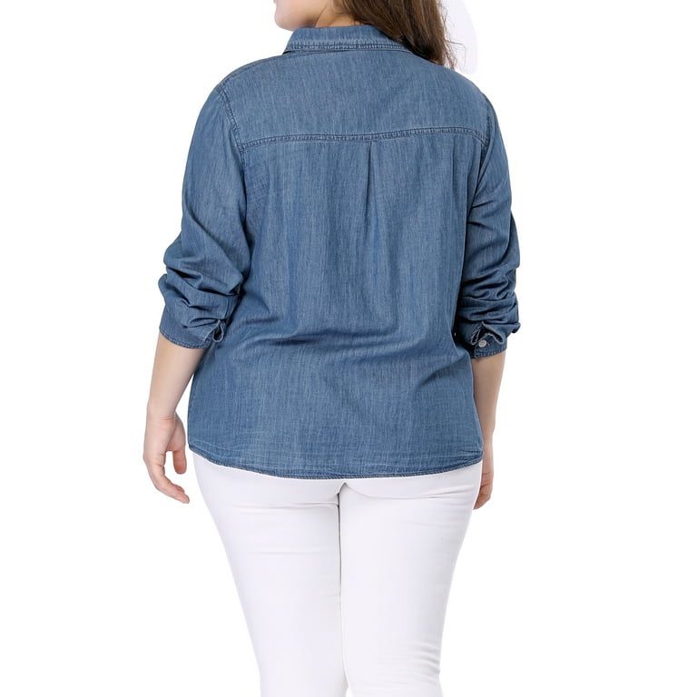 Unique Bargains Women's Plus Size Long Sleeve Chest Pocket Denim Button  Work Shirt 1X Navy Blue