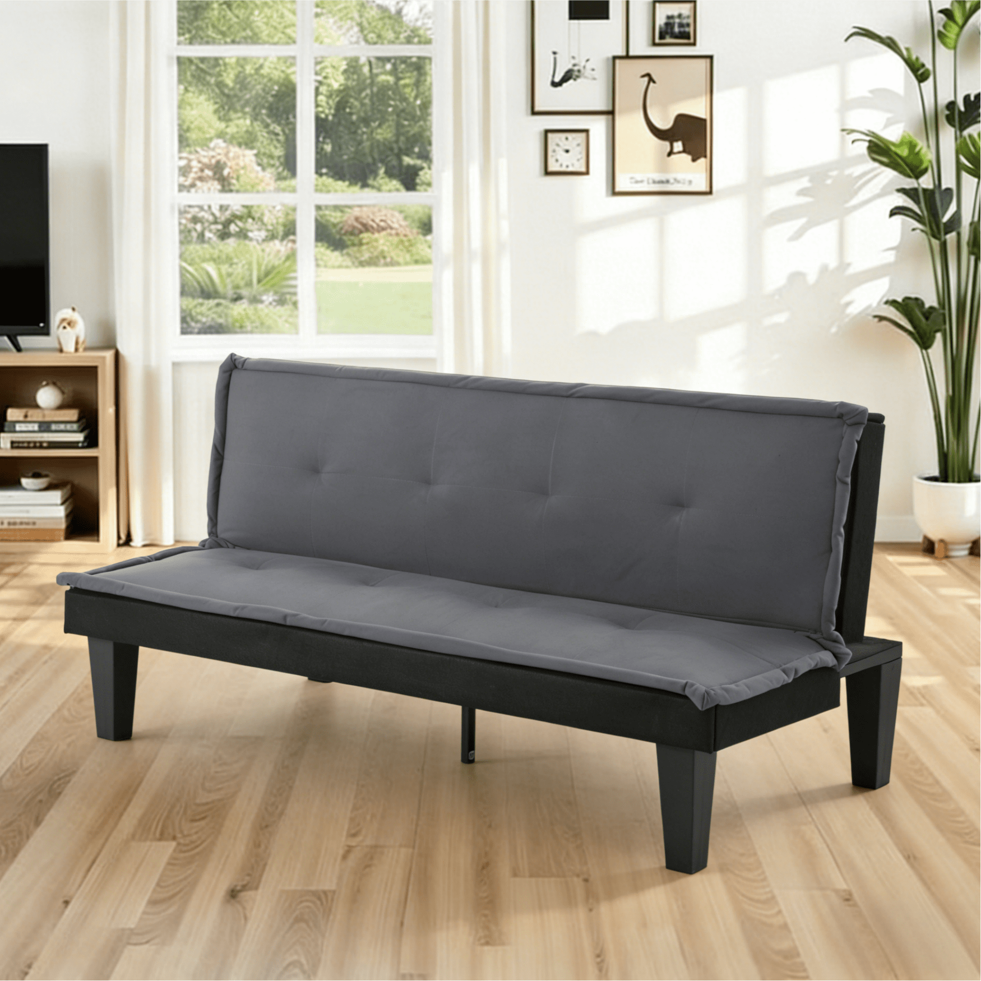 Gewnee 62.99”Faux Suede Convertible Futon Sofa Bed,Upholstered Futon Couch with 5 Adjustable Backrest Angles,Sleeper Couch for Small Spaces,Living Room or Office.Dark Grey