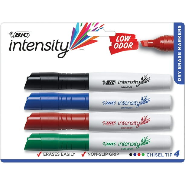 BIC Intensity Low Odor Dry Erase Marker, Chisel Tip, Assorted Colors, 4
