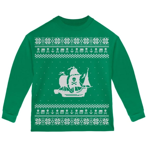Pirate Ship Ugly Christmas Sweater Green Toddler Long Sleeve T-Shirt - 2T