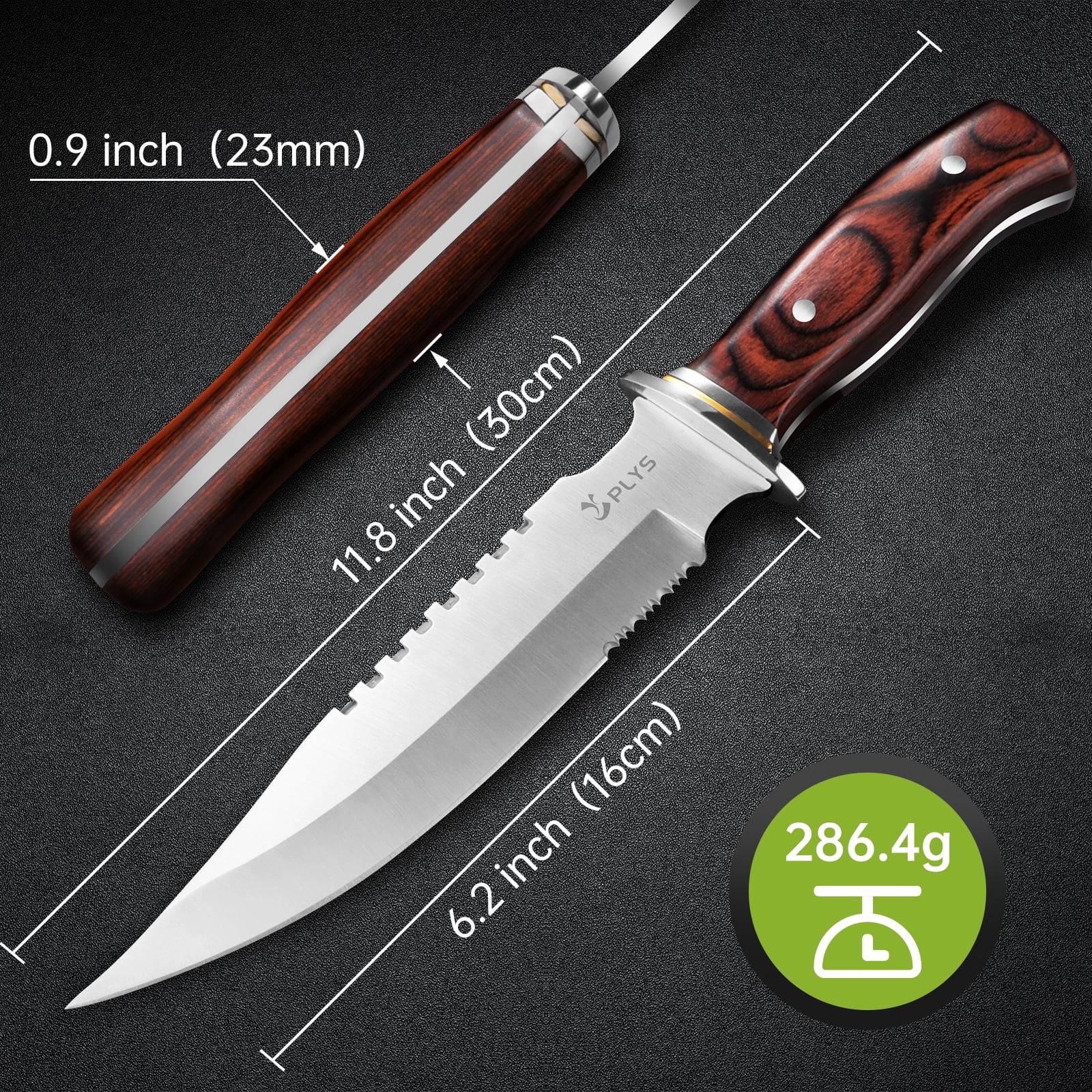 Plys Tactical Knife 6.2 inch Full Tang with Sheath: Fixed Blade Hunting Survival Knives for Men Camping Bushcraft, Wood Handle