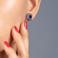 thumbnail image 5 of Jewelili Sterling Silver 6 MM Cushion Cut Created Blue Sapphire and Treated Black and Natural White Round Diamond Accent Halo Stud Earrings, 5 of 13