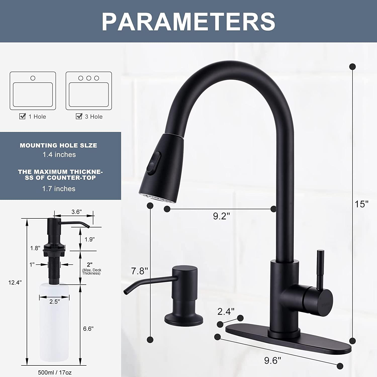 Wowow Single handle Black Stainless Steel Pull-Down Kitchen Sink Faucet with sprayer, 1 Piece