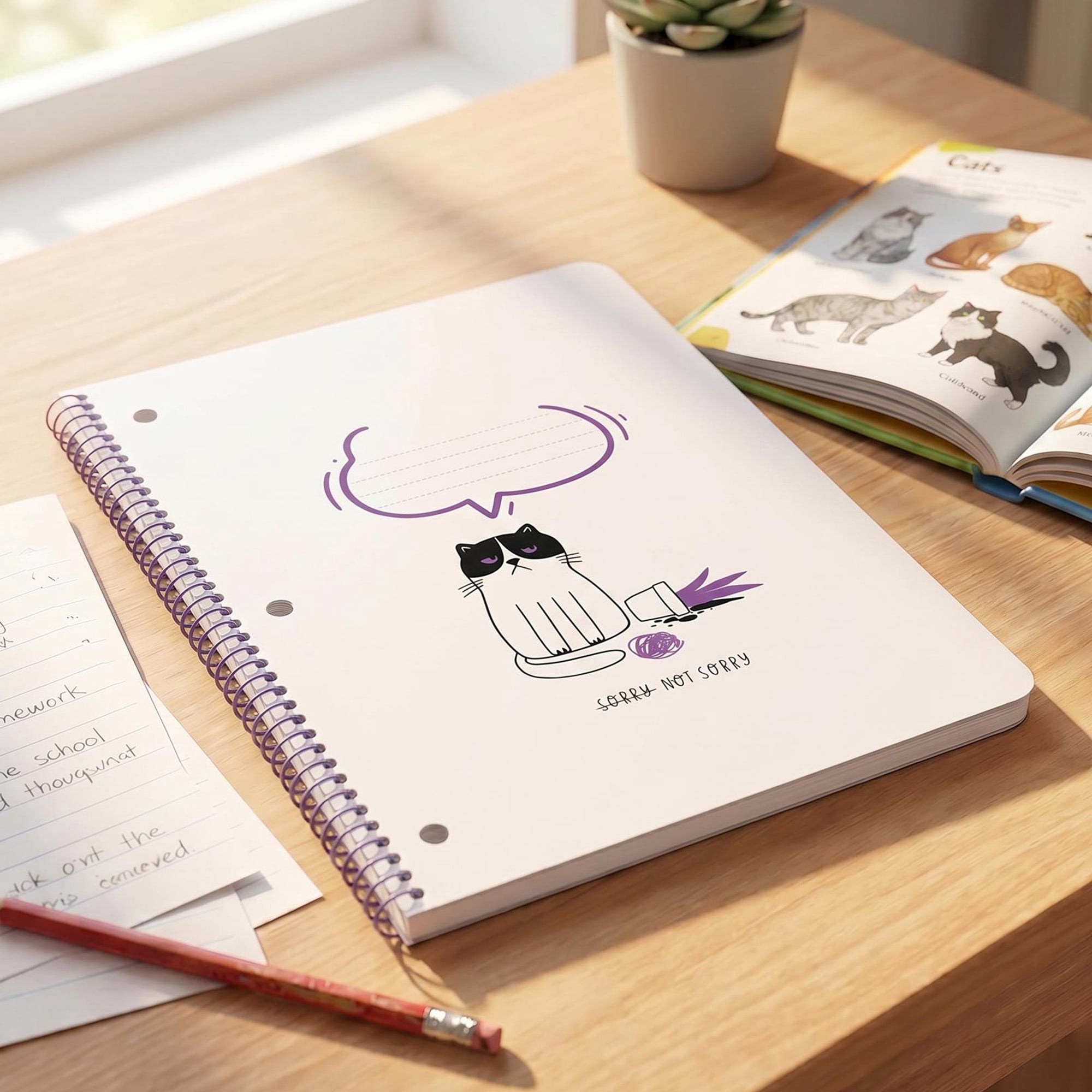 Pen+Gear College Ruled 1-Subject Notebook, 8" x 10.5", White and Purple Not Sorry Cat, 80 Sheets