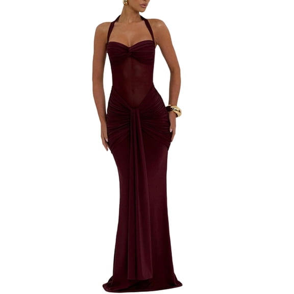JGGSPWM Women's Halter Neck Ruched Bodycon Party Evening Gown Maxi Dress Elegant Fashion Mesh Panel Dress with Backless Red L