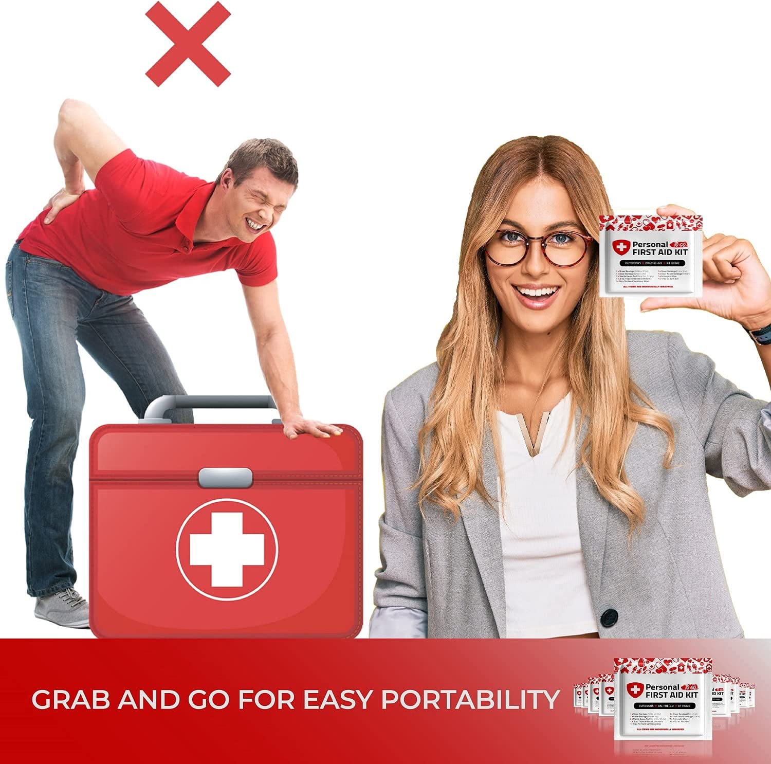 Portable Travel Size First Aid Kit - 10 Pack | Perfect for Home, Office, Car, School, Business, Travel, Hiking, Hunting, and Outdoors | Individually Wrapped First Aid Products (Red)