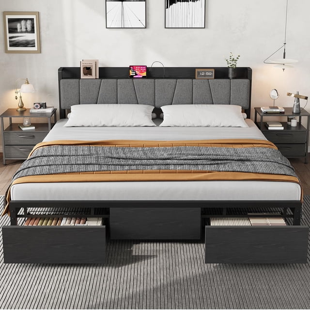 BeesClover Bed Frame with Upholstered Headboard and Storage, Drawers Platform Bed with Charging Station, Metal Slats Support, No Box Spring Needed