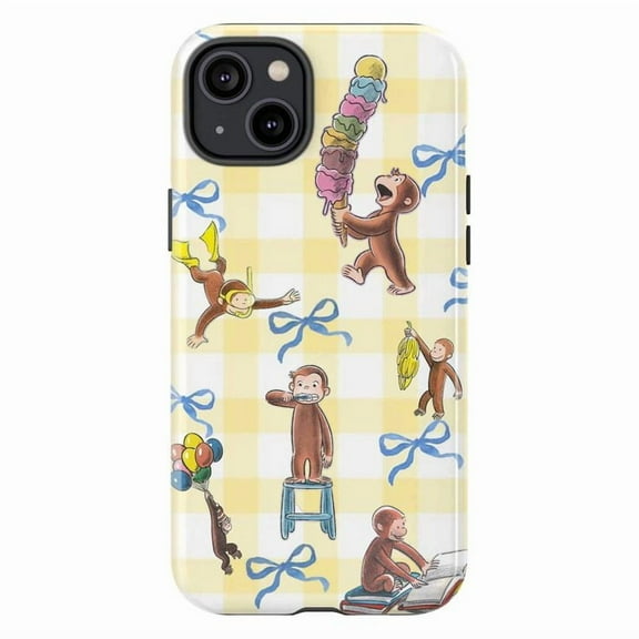 Curious Monkey Yellow Gingham Phone Case – Ice Cream, Balloons & Bows Cartoon Dual Layer Phone Cover for iPhone 11/12/13/14/15/16 Mini Pro Max Plus