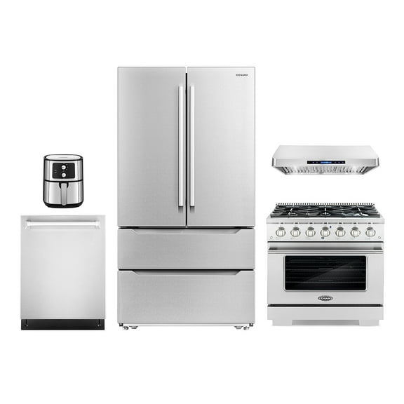 5 Piece Kitchen Package with 36" Freestanding Gas Range 36" Under Cabinet Range Hood 24" Built-in Fully Integrated Dishwasher French Door Refrigerator & 5.5L Electric Hot Air Fryer