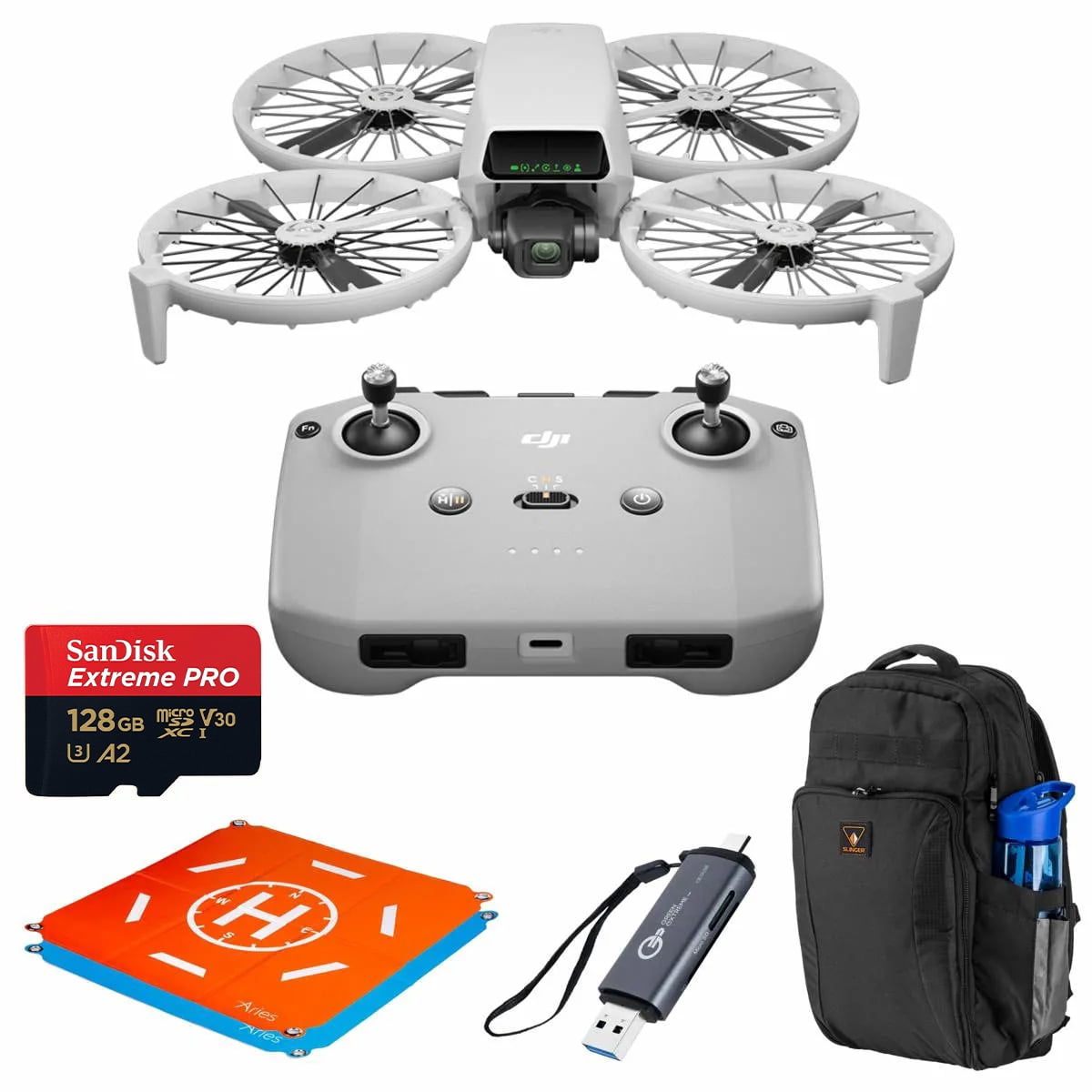 DJI Flip Drone with RC-N3 Remote Controller, Bundle with 128GB Memory Card, Backpack, Landing Pad Pro and Card Reader