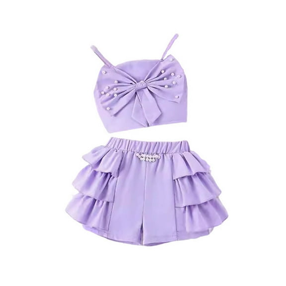 Utlike Summer Girls Outfits Solid Color Suspender Sleeveless Knot Bow T Shirt Tops And Stretch Lace Shorts 2 Pcs Outfit Cute Clothes Set For Girl Size 3 Years-4 Years