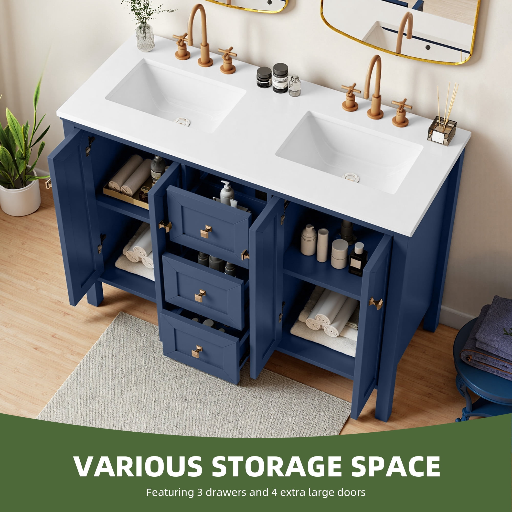 Uforic 47 Inch Bathroom Vanity with Double Sink, Retro Style, Sintered Stone Countertop, 4 Doors & 3 Drawers, 6 Pre-drilled Faucet Holes, Blue