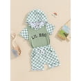 thumbnail image 4 of Aojekbee Toddler Boys Summer Shorts Sets Short Sleeve Letter Checkerboard Print Hooded Tops and Drawstring Shorts Sets, 4 of 10