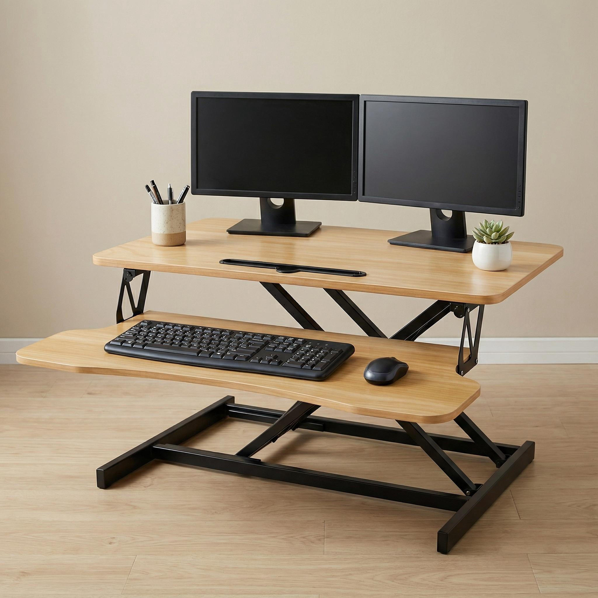 Height Adjustable Standing Desk Converter – 31.5" Wide Desk Riser with Spacious Work Surface, Ergonomic Sit-Stand Workstation for Monitor & Laptop, Natural