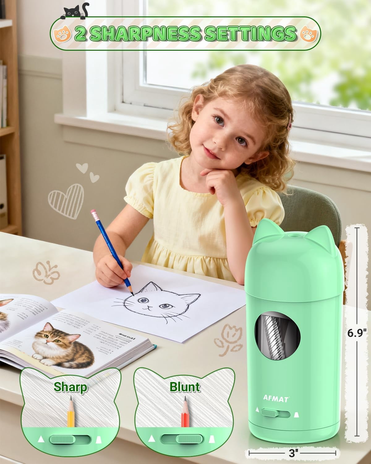 AFMAT Electric Pencil Sharpener, Fully Automatic Pencil Sharpener, Auto in & Out, for φ7-8mm No.2/Colored Pencils, Rechargeable & Cordless, Cute Cat Pencil Sharpeners for Classroom Home