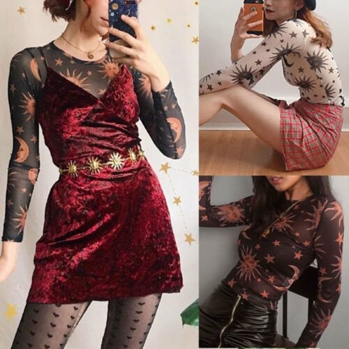 Women Sheer Mesh Fish Net Long Sleeve O Neck See Crop Top T Shirt Blouse