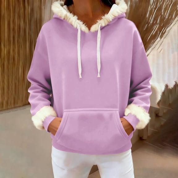 Tawop Women Casual Fashion Round Neck Pockets Print Pullover Long Sleeve Hooded Sweatshirt Top Purple