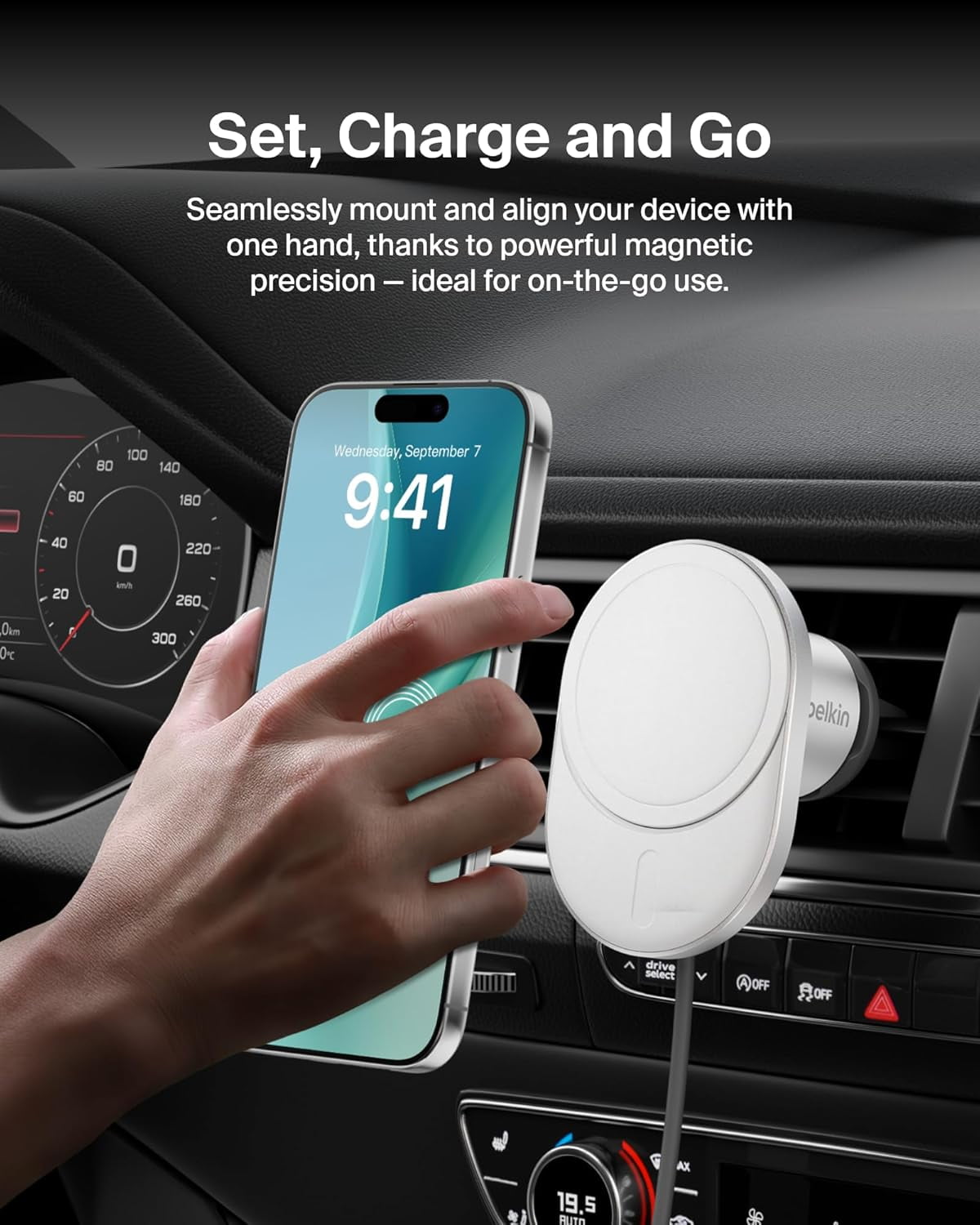 Open Box Belkin Wireless Car Charger 15W - MagSafe-Compatible Magnetic iPhone Charger - Qi2 Wireless Charger, Magnetic Car Vent Phone Mount for iPhone 16, iPhone 15, iPhone 14, 13, 12 Series - Grey