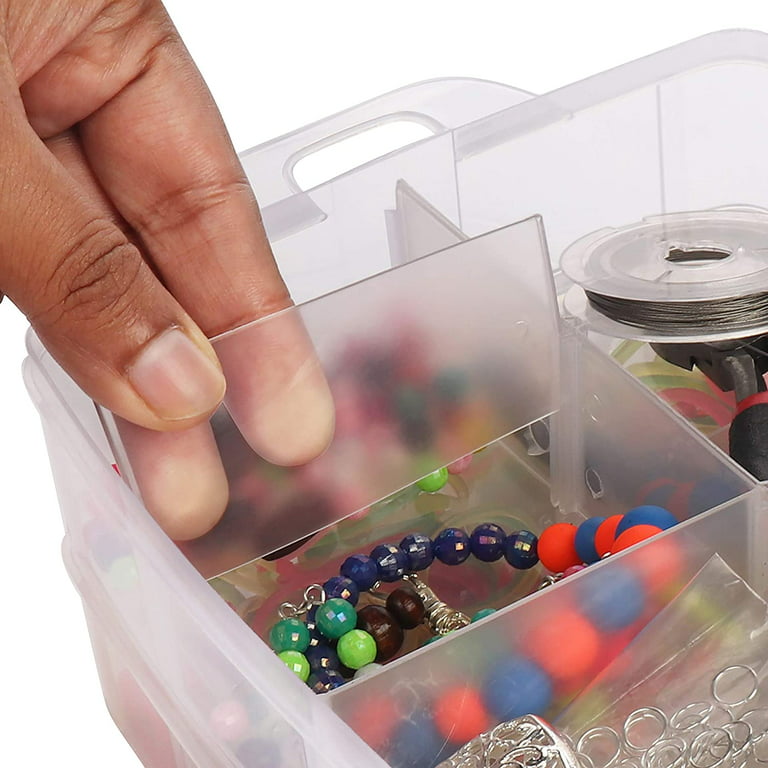 3-Layer Stackable Craft Storage Containers - Clear Plastic Craft Box Organizer with 18 Adjustable Compartments and Handle - Portable Beads Organizers