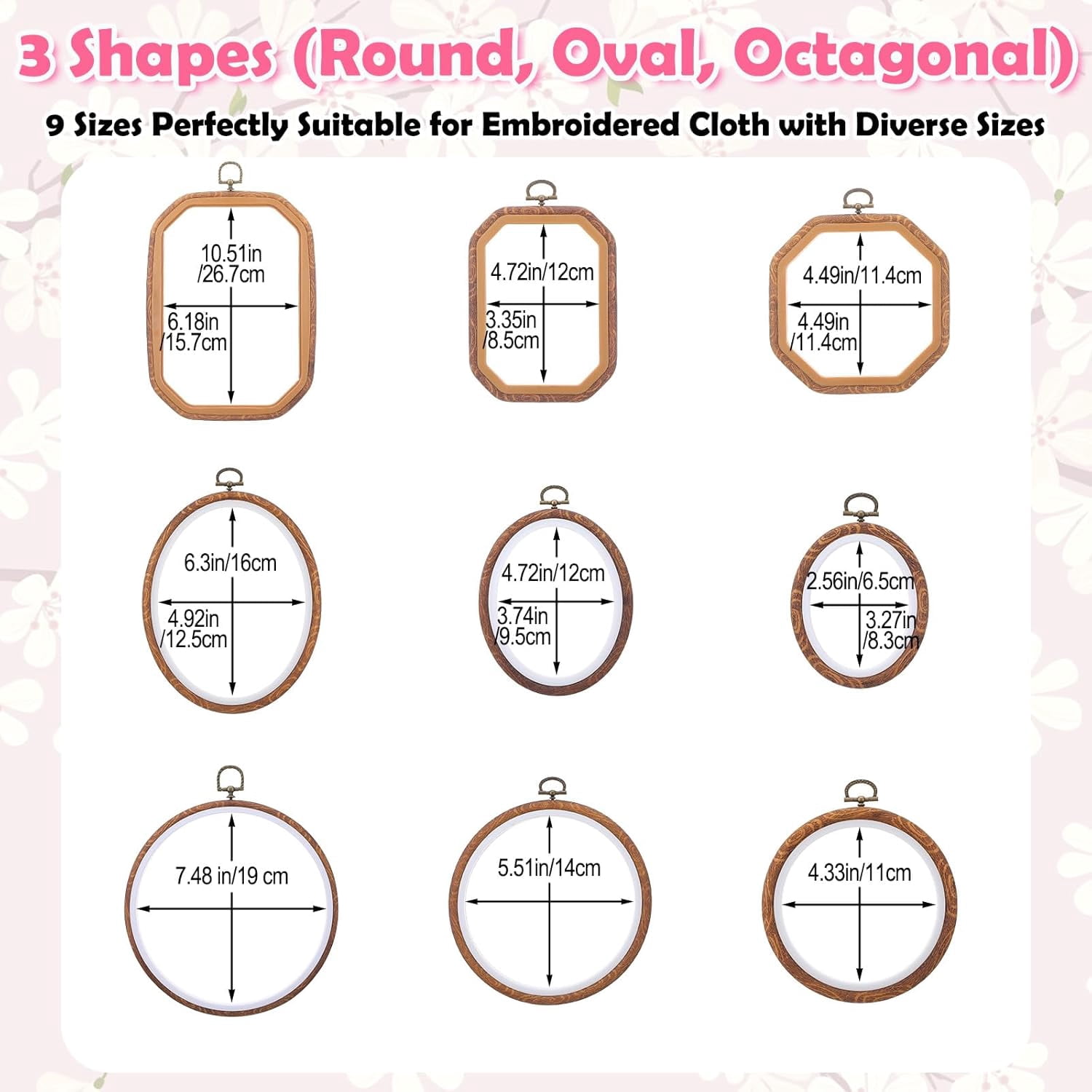 9 Pcs Embroidery Hoop Set, Mixed Shapes Circle Oval Octagonal Embroidery Frame, Imitated Wood Plastic Cross Stitch Frame for DIY Sewing Craft Wall Decor, Small to Large Sizes
