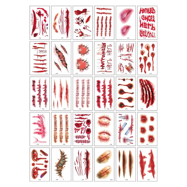 Pegatinas de piel de Halloween, pegatinas de piel de heridas, simulación de piel, cicatriz de piel, cuchillo de simulación, pegatina de piel impermeable, 30 piezas