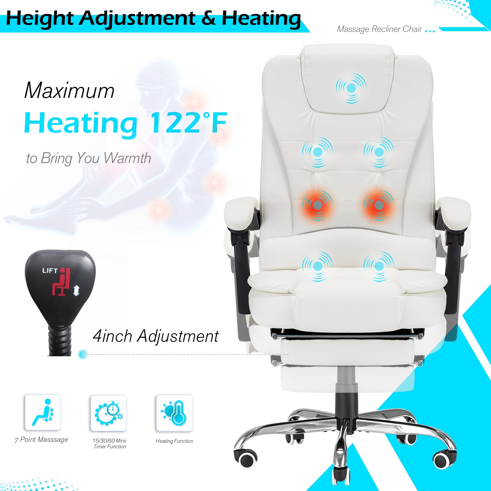 YODOLLA High Back Office Chair Heat & Massage Ergonomic Reclining Desk Chair with Retractable Footrest Executive Swivel Leather Chair for Office,Home,Study,Cream White