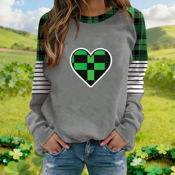 Uootdi Plaid Love Heart Irish Saint Pattys Shamrock Long Sleeve Shirts for Women St Patricks Day Crewneck Sweatshirts Holiday Trendy Pullover Tops Gift