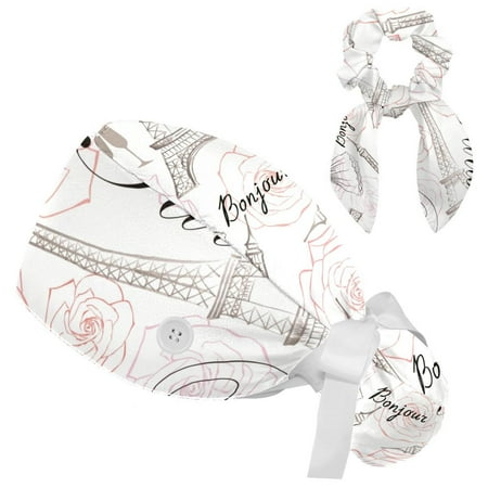 

Working Cap with Buttons and Sweatband Scrub Hat Bouffant Caps with Scrunchie Eiffel Tower Tie Back Hats