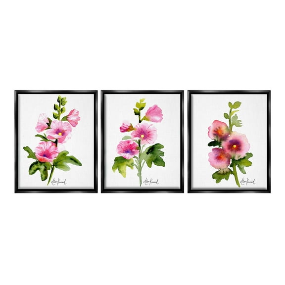 Stupell Industries Pink Flower Watercolors Botanical & Floral Painting Black Floater Framed Canvas Art Print Wall Art, 17 x 21, Set of 3