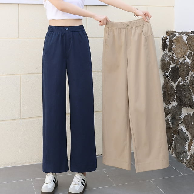 Pantalones de Pierna Ancha de Verano, Pantalones Rectos Sueltos Caqui de Corte Delgado para Mujer, Shorts, Pantalones Casuales con Cintura Elástica