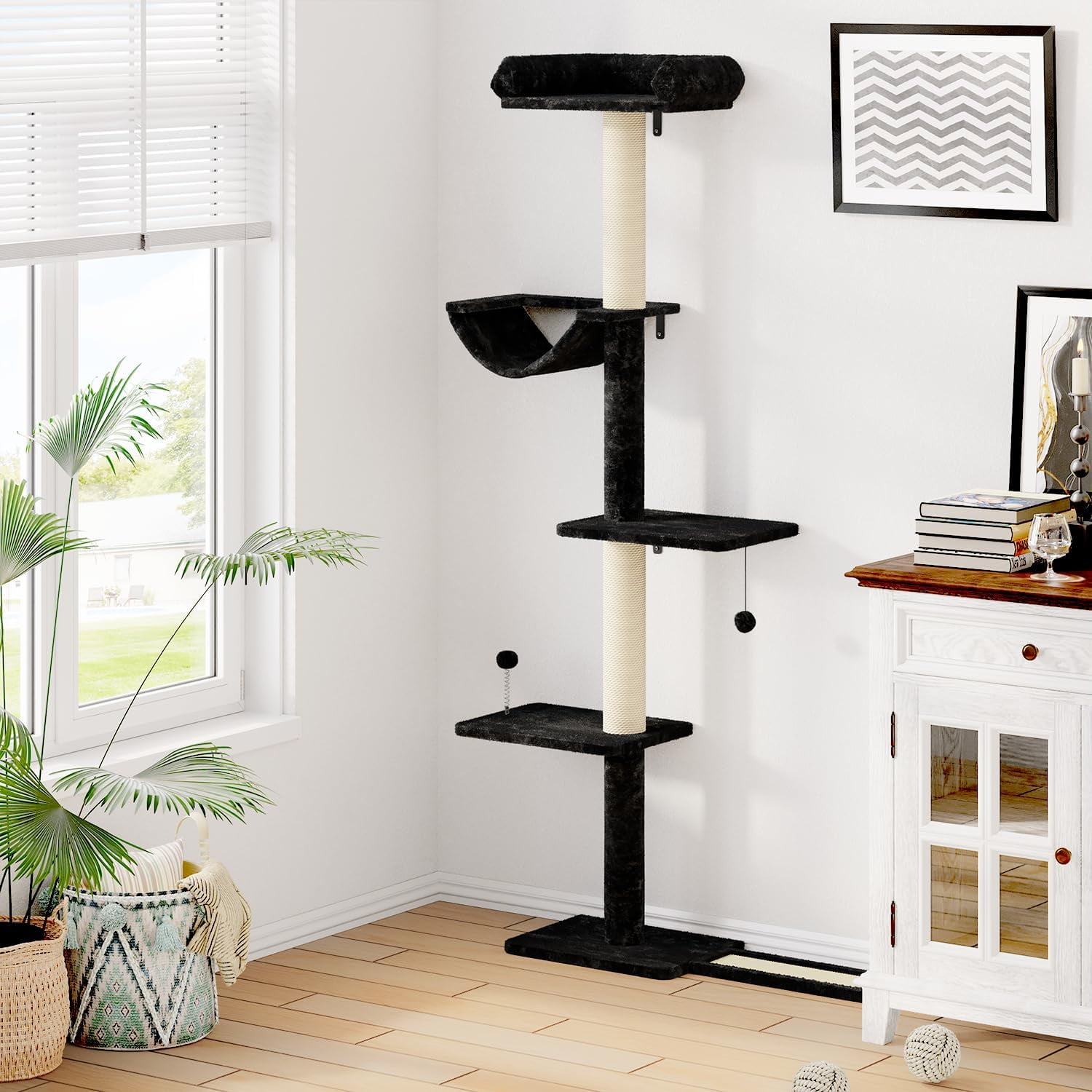 SONGMY Wall Mounted Cat Climber Set, Wall Furniture Set, DIY Wall/Window Shelves, Scratching Post, Comfortable Bed, Cat Shelves for Indoor - Blcak