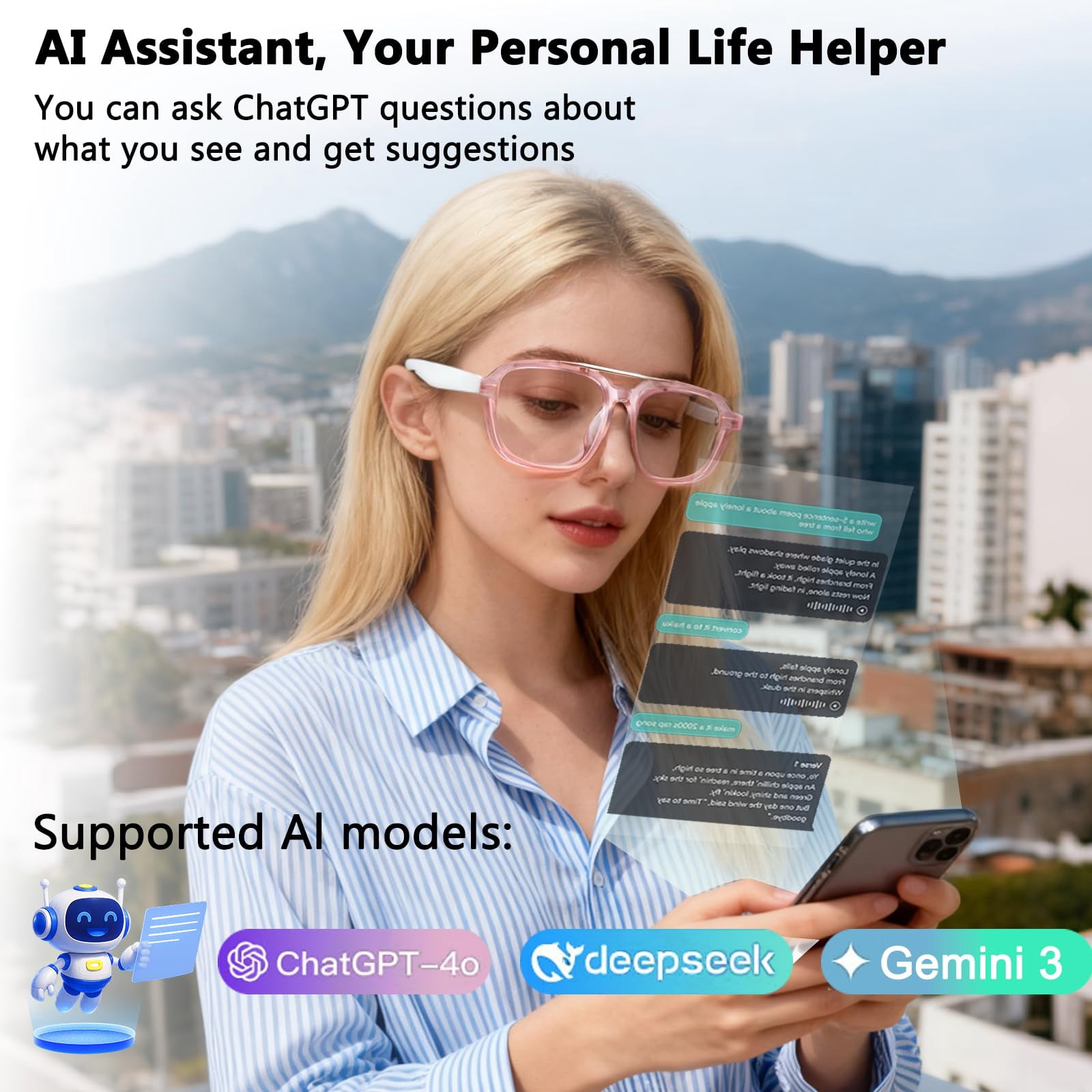 AI Smart Glasses for Men Women, Bluetooth Glasses with 164+ Languages Translation, Color-Change Lens and Hands-Free Calls for Travel Meeting Trade Business