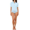 thumbnail image 2 of INSPIRE CHIC Women's Button Up Bodysuit One-Piece Short Sleeve Work Shirt Blouse M Sky Blue, 2 of 6