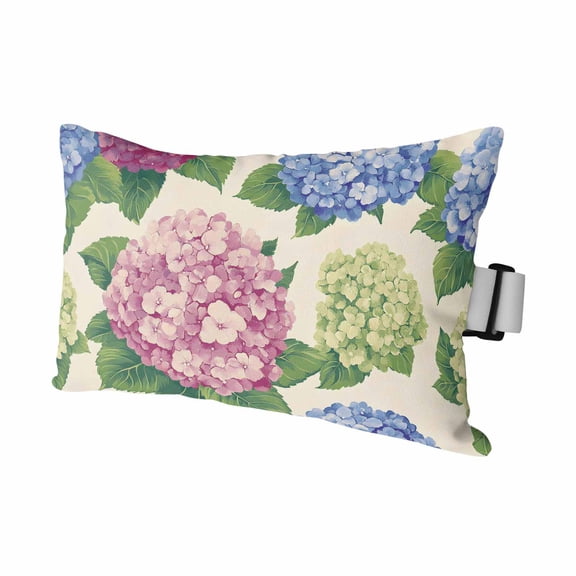Blue Pink Green Hydrangea Blooms Outdoor Pillow for Chaise Lounge Chair,Retro Floral Art Waterproof Headrest Lumbar Pillows with Insert&Elastic Strap for Patio Pool Garden Chairs Decor,1 Pack