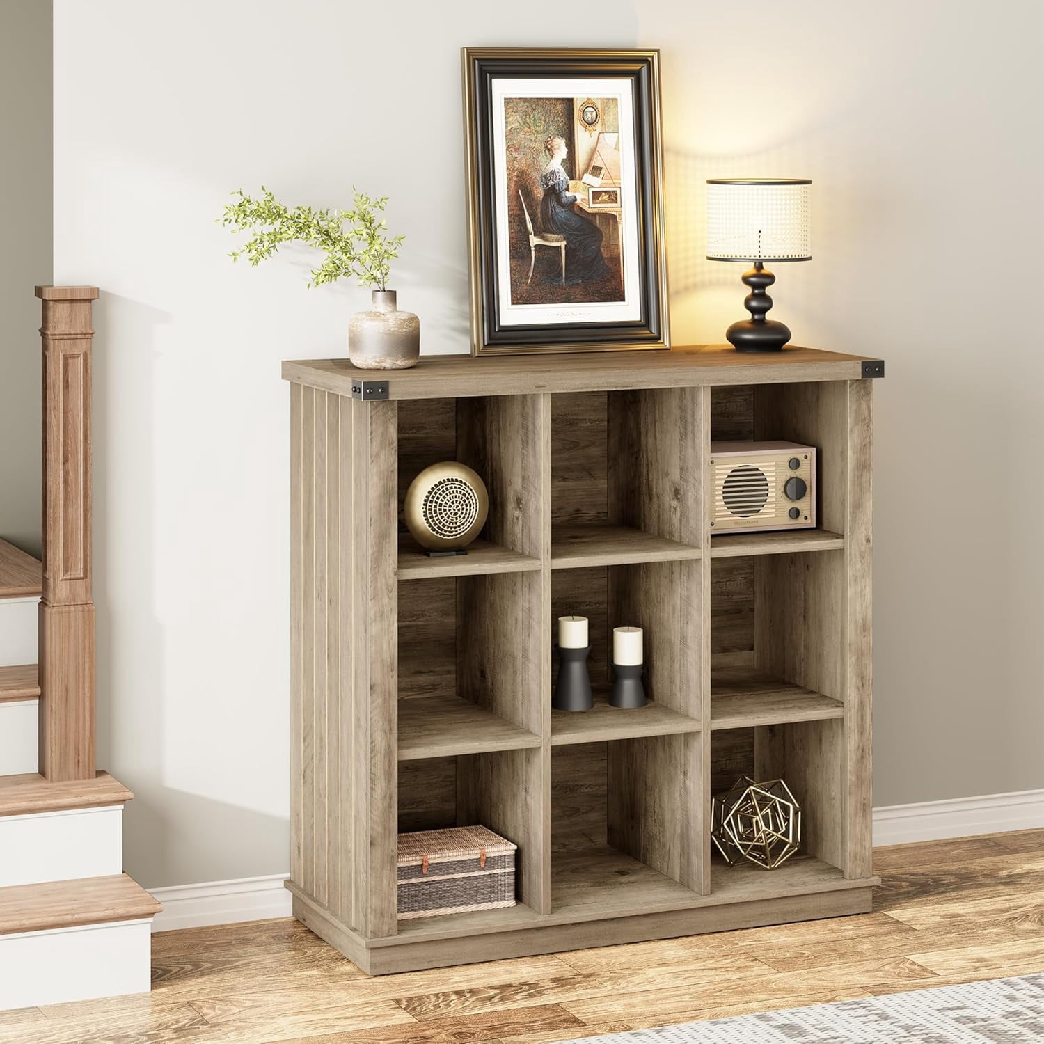 GarveeHome 9 Cube Storage Organizer Bookshelf, 37.4" Grey 4-Tier Farmhouse Bookcase, Long Low Wood Storage Shelf for Entryway & Living Room,Grey
