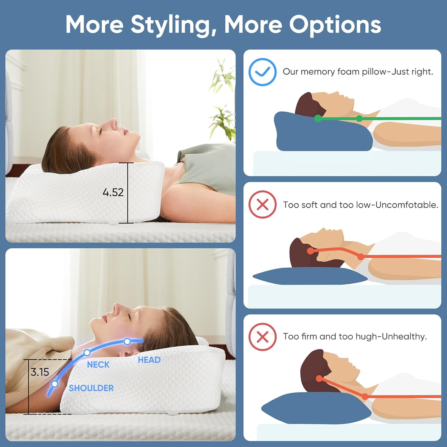 JL Cervical Neck Pillow, Memory Foam Contour Pillow with Arm Rest Slot and Soft Breathable Pillowcase, Ergonomic Dual-Height Orthopedic Support for Side, Back, and Stomach Sleepers, White
