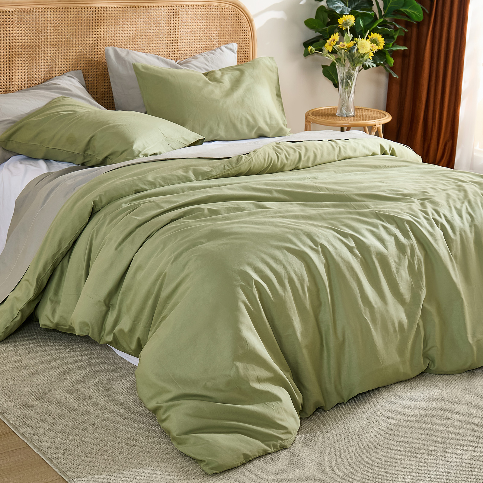 100% Washed Cotton Duvet Cover –Avocado Green, Linen-Like Texture, Super Soft & Breathable Bedding Set, 3-Piece Durable Percale Comforter Cover
