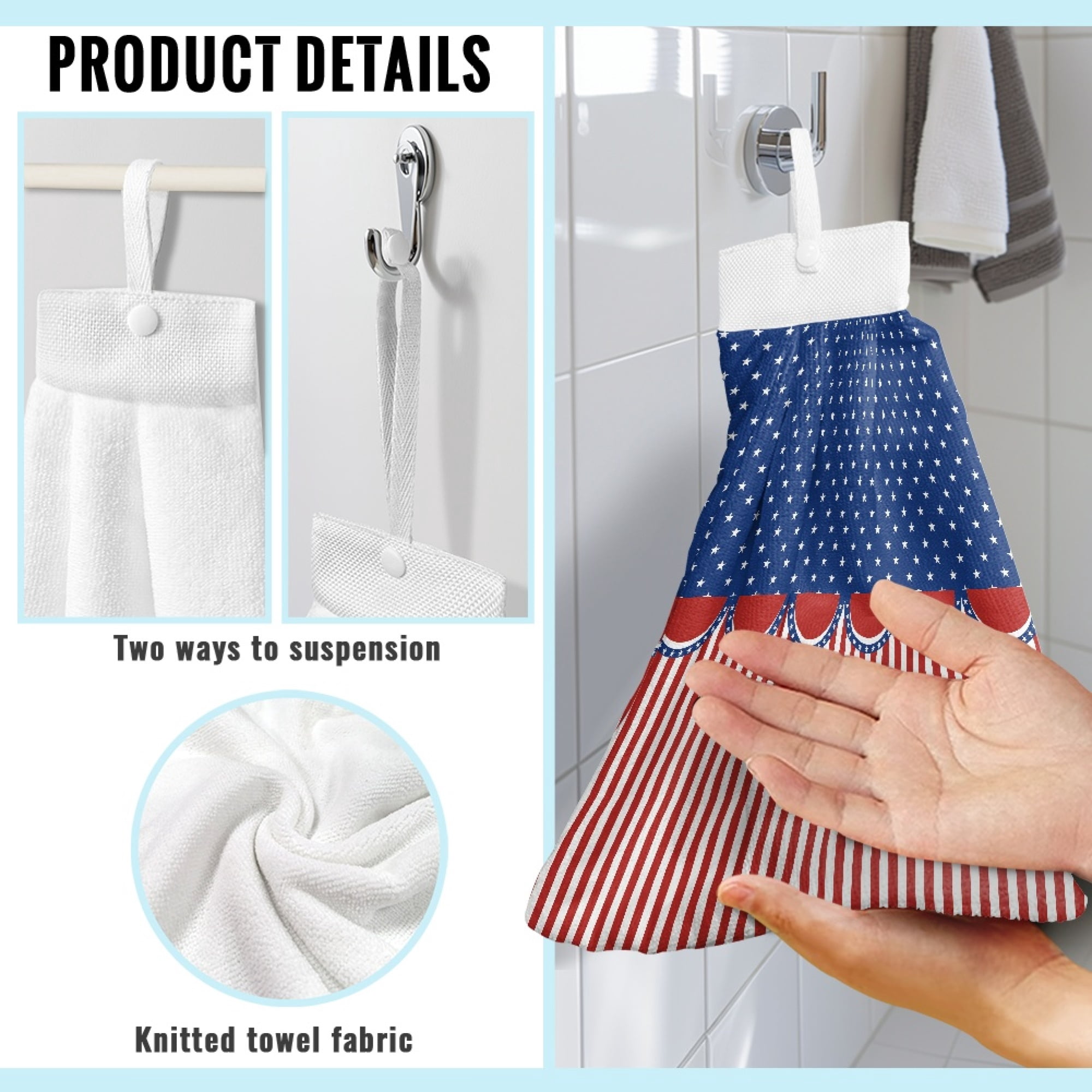 ZIATUBLE American Flag Hanging Kitchen Dish Towel Breathable Hanging Hand Dry Towels 3 Pcs Easy to Install Bathroom Hand Bath Towel Fast Drying Kitchen Hand Towels and Washcloths for 4 of July