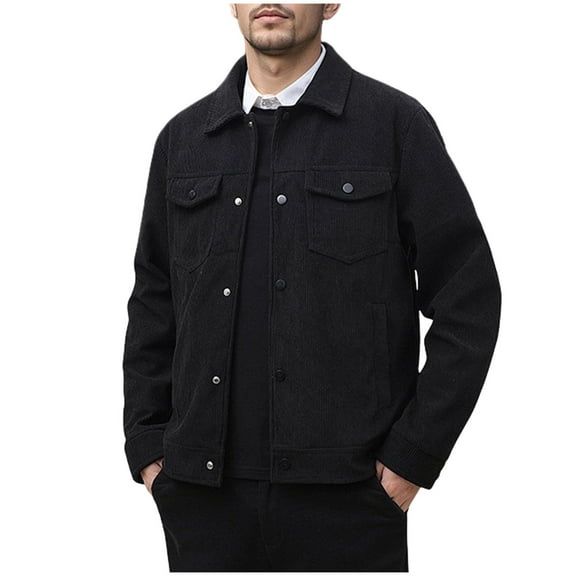 Dagegui Men's Corduroy Jackets Stylish Snap Long Sleeve Turndown Collar Jacket Vintage Fall Winter Coats with Pockets Black M