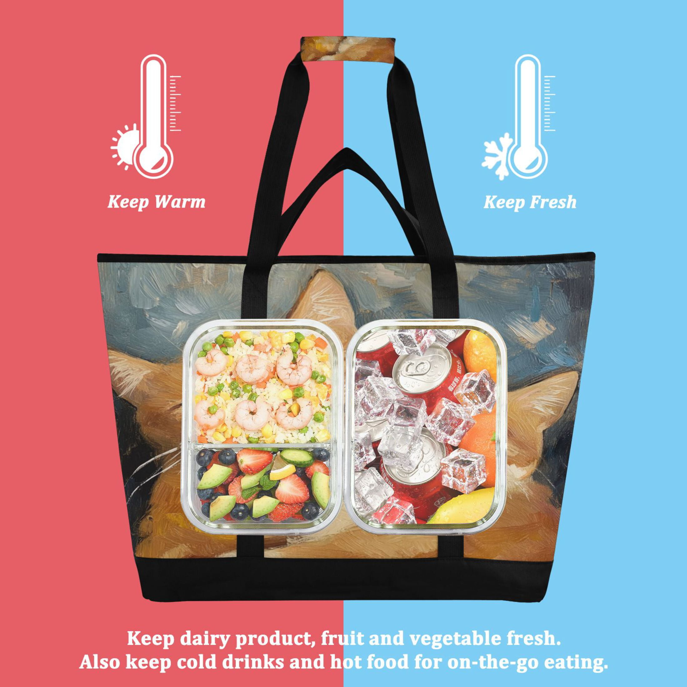 Large Hand-held Ice Pack Picnic Bag Insulation and Refrigeration Suitable for Shopping Picnics and Camping Beautiful Couple Cats