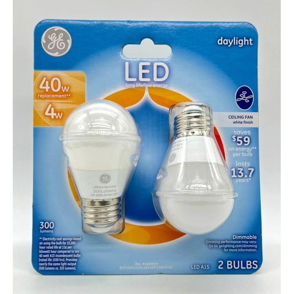 GE 32972 40W Equivalent Daylight A15 White Ceiling Fan LED Light Bulb 2-Pack