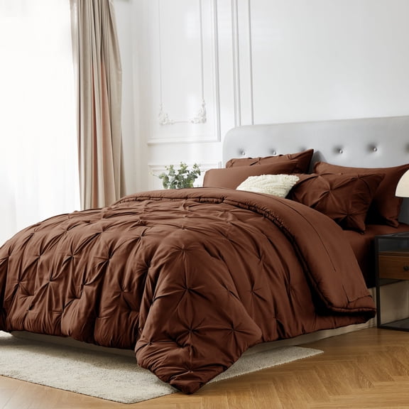 Davulos Twin Comforter Set with Sheets Chocolate Brown,5 Pieces Pintuck Bed in a Bag Twin Bed Set for Man Women Pinch Pleat Bedding Set All Season