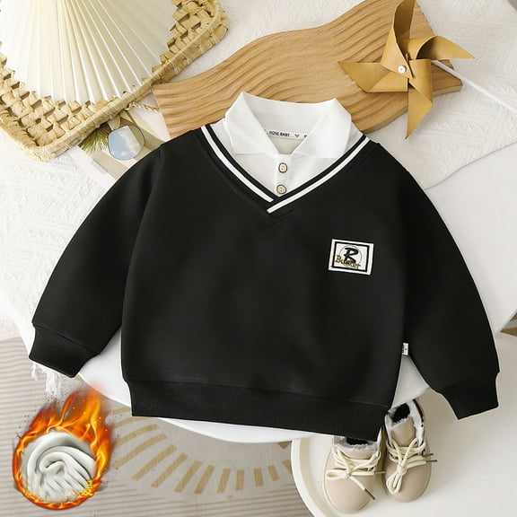 HUAXUN Boys Lined Polo Shirt | Long Sleeve Thermal V-Neck Pullover Sweater|Winter Warm Kids Clothes|Preppy School Style | Lined Neck Top for Toddler to Teen Sizes(Black,1-2Years)