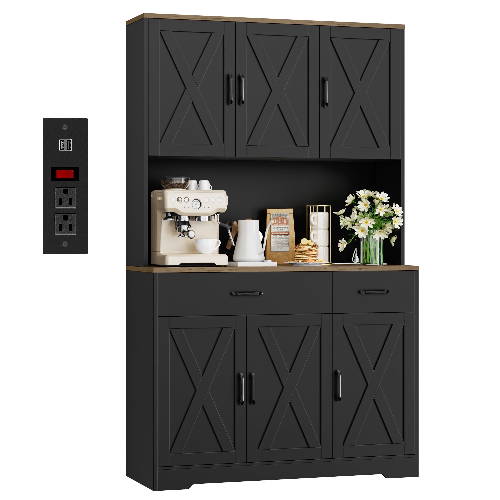 Homfa 71" Kitchen Pantry with Charging Station, Freestanding Cupboard with Adjustable Shelves, Floor Cabinet for Dining Room, Black