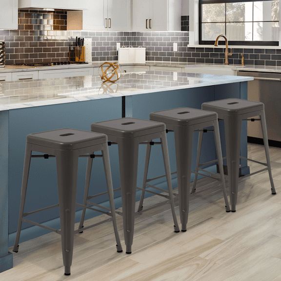 XF XINFENG 24 inch Metal Bar Stools Set of 4, Backless Stackable Outdoor Kitchen Counter Stool with Rubber Footpads, Bronze